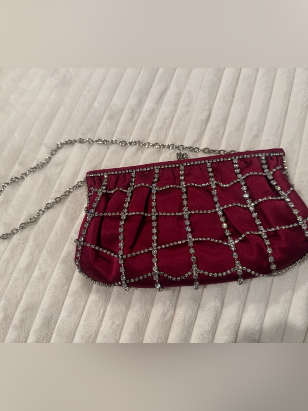 Rhinestone Net Fuchsia Evening Clutch with Chain Strap